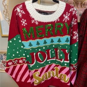 Festive Merry Jolly Santa Sweater - Red, Green, Gold
